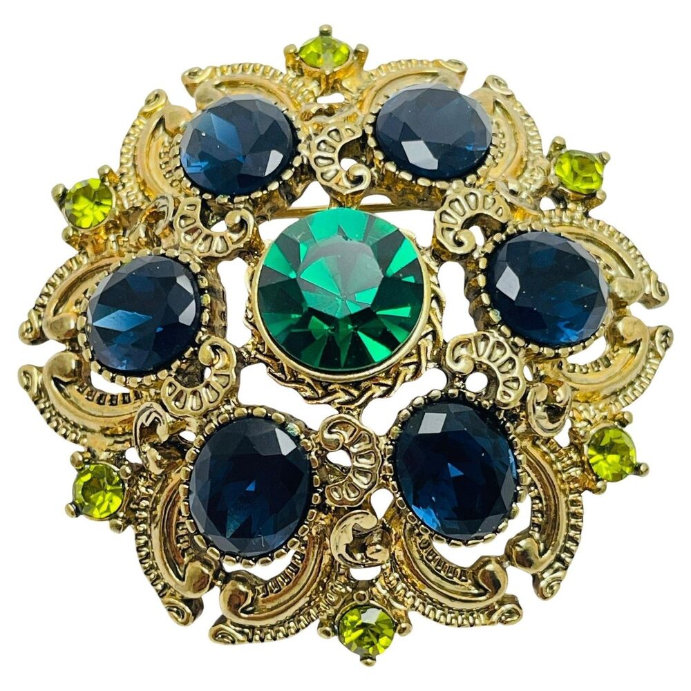 Vintage SEQUIN signed gold tone sapphire emerald glass designer brooch